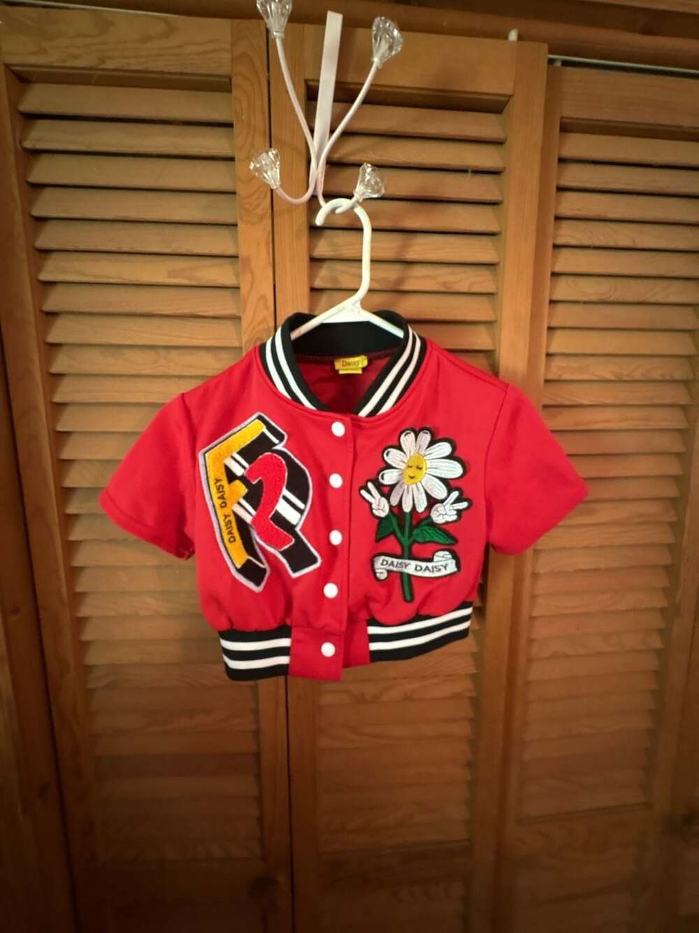 Daisy Short Sleeve Cropped Varsity Jacket Red Size S
